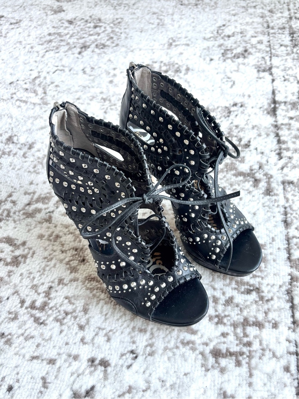 Sam Edelman Elyse Studded Lace-Up Caged Leather Black Peep Toe Heels